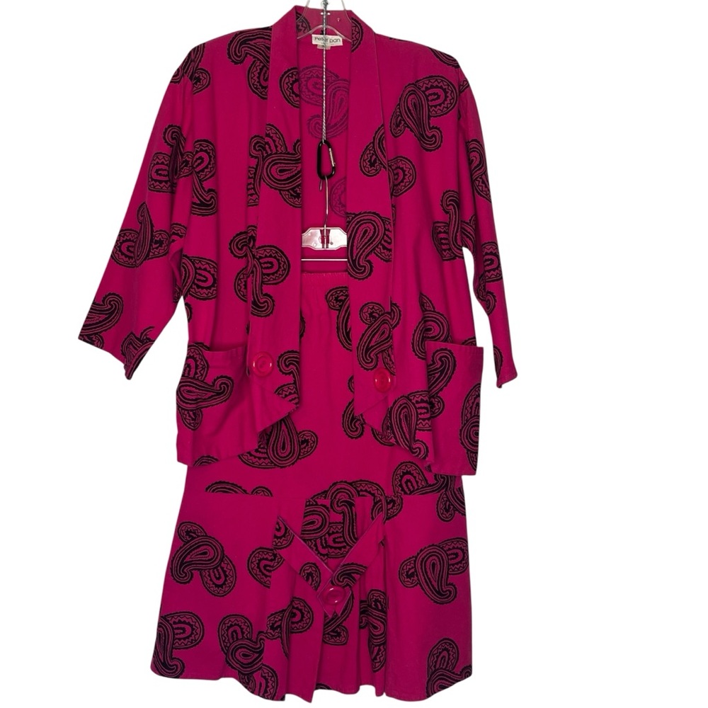 Vintage Peter Pan Sz S Skirt Blazer Set Hot Pink Black Paisley Print 80’s